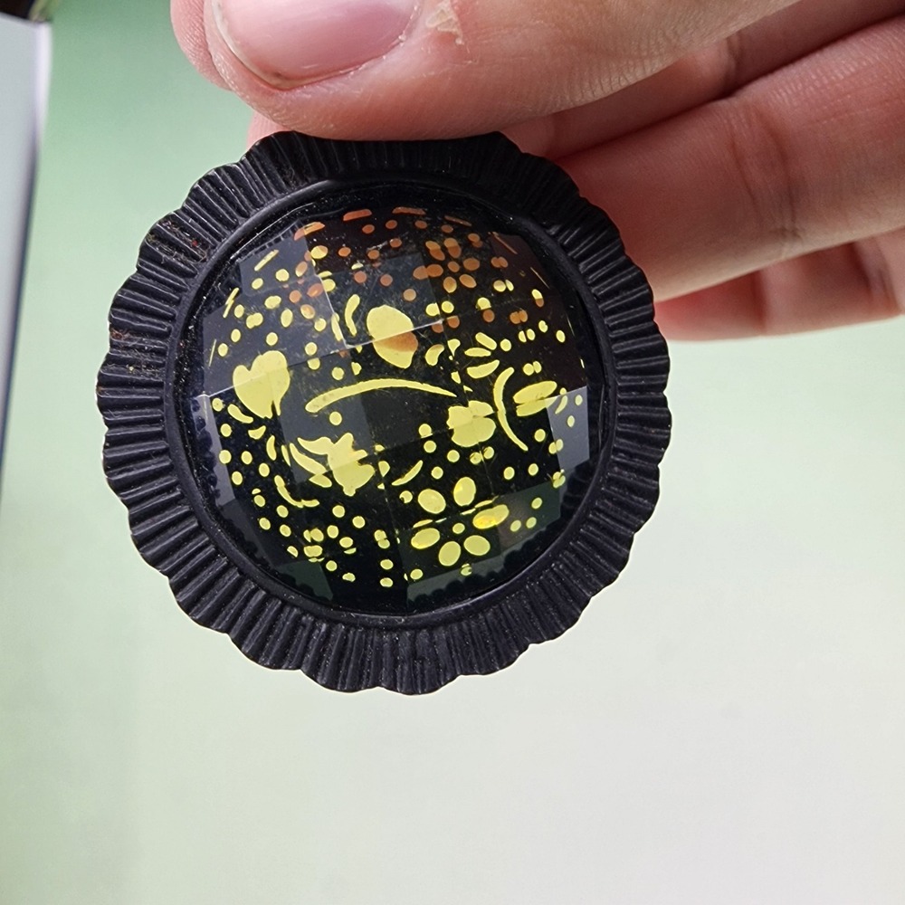 Black Gold Tone Floral Dome Pendant Faceted Cabochon Vintage Statement Pendant